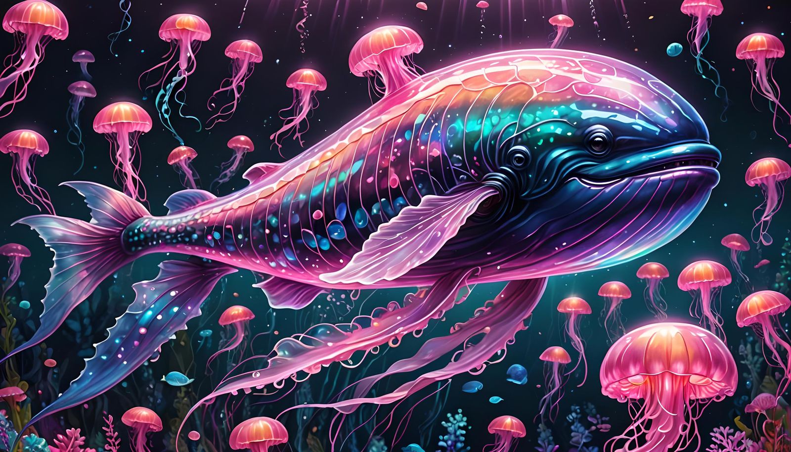 Underwater view of a huge fantastical glowing transparent glass whale swimming in the ocean. Surrounded ...  by @Silvano Senzamici