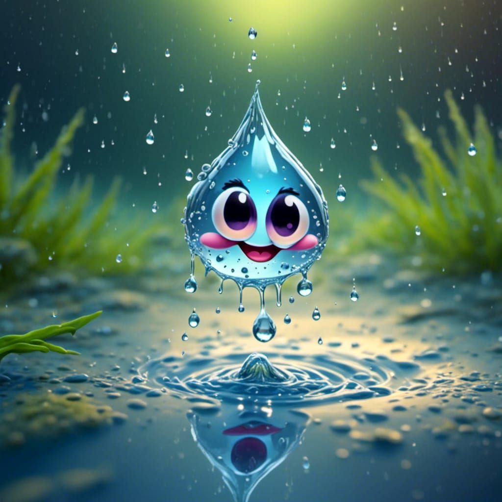 <lora:waterdrops:1.0> Super cute friendly water drop splashing in a puddle 