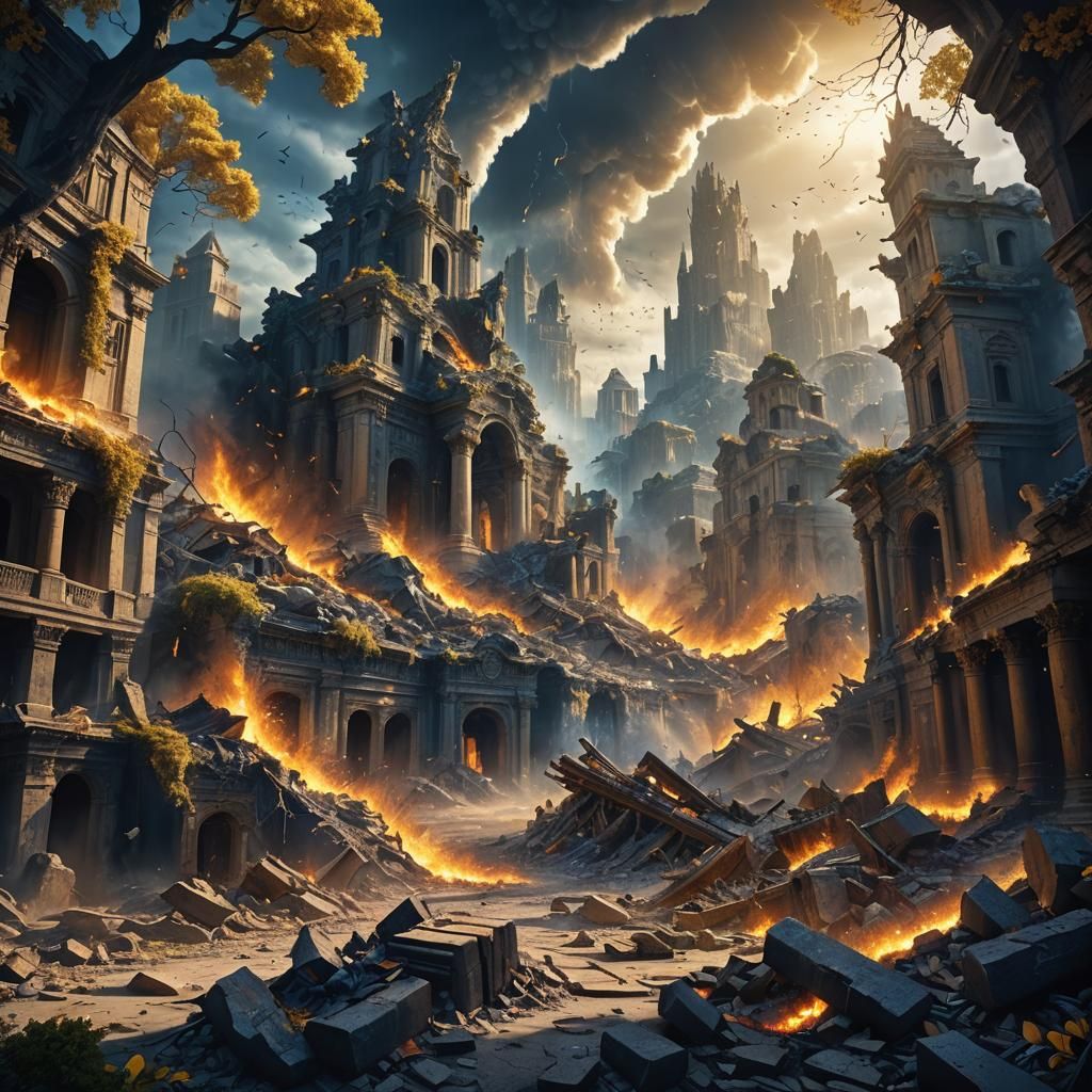 Earthquake Devastates Mystical City: Disaster Concept Art