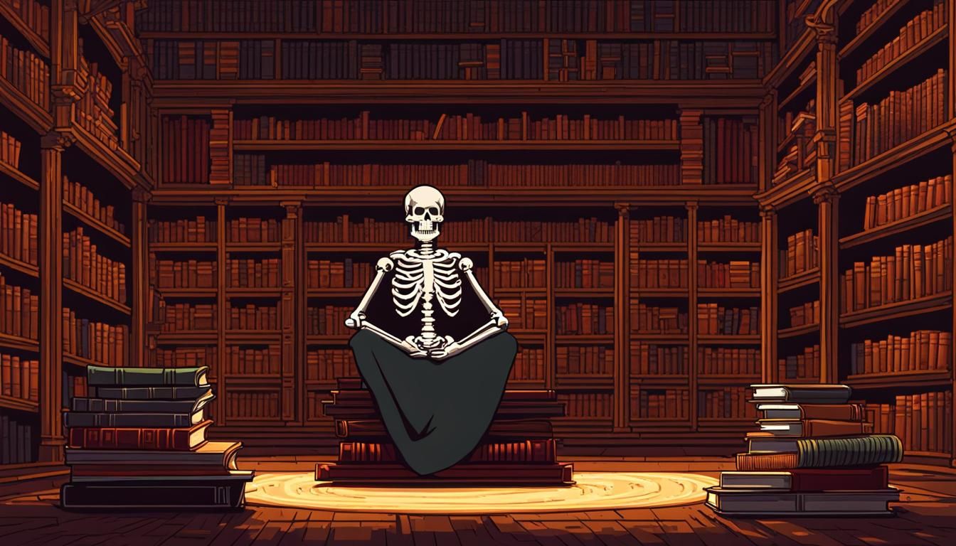Ancient transcendental monk skeleton meditating, books floating around him in an old library. make in pixelart