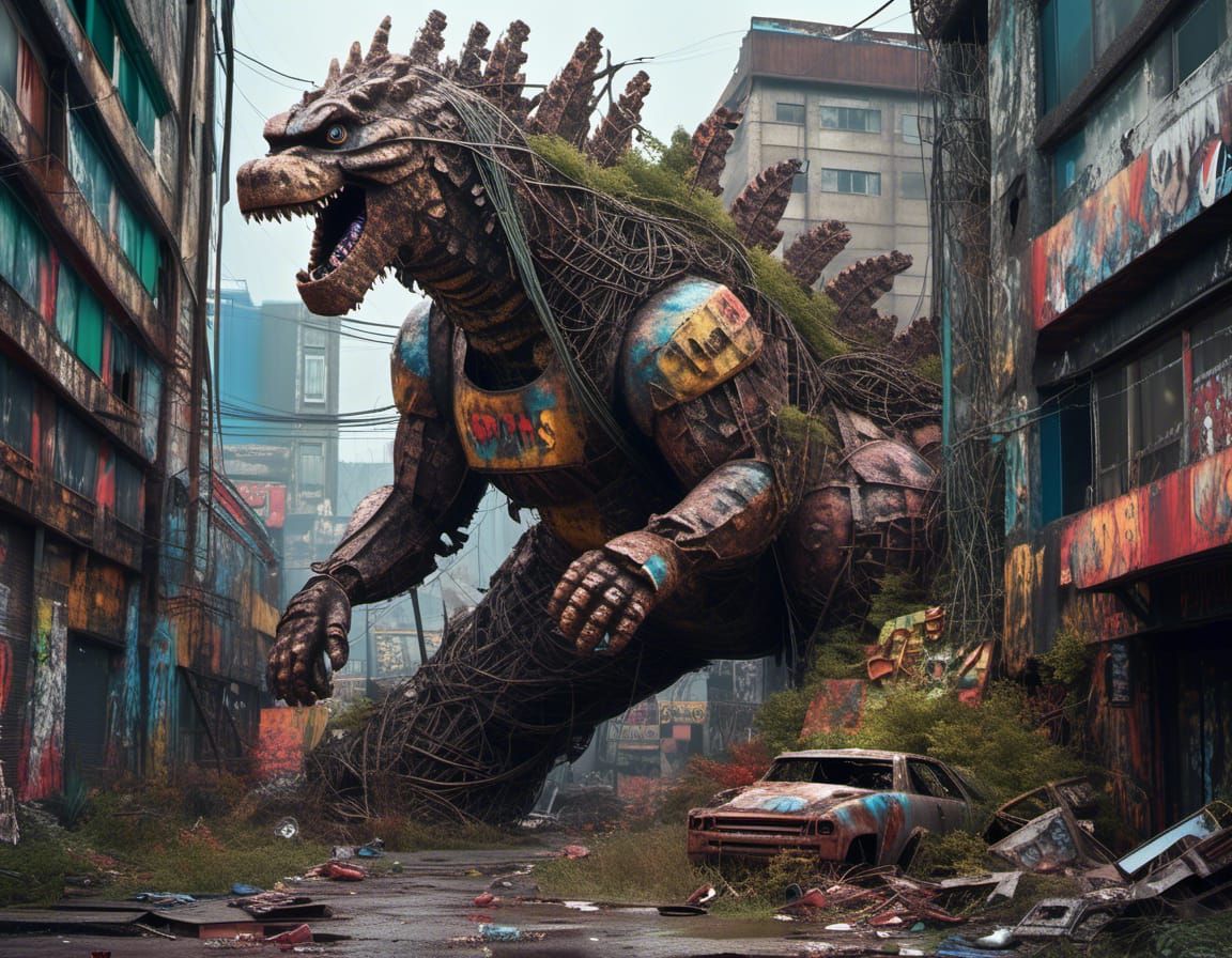 ((insanely detailed abandoned  rusty strangle vine godzilla monument in dystopian post-apoclyptic brooklin_bridge)) in <lora:Dystopian:0.9>,...