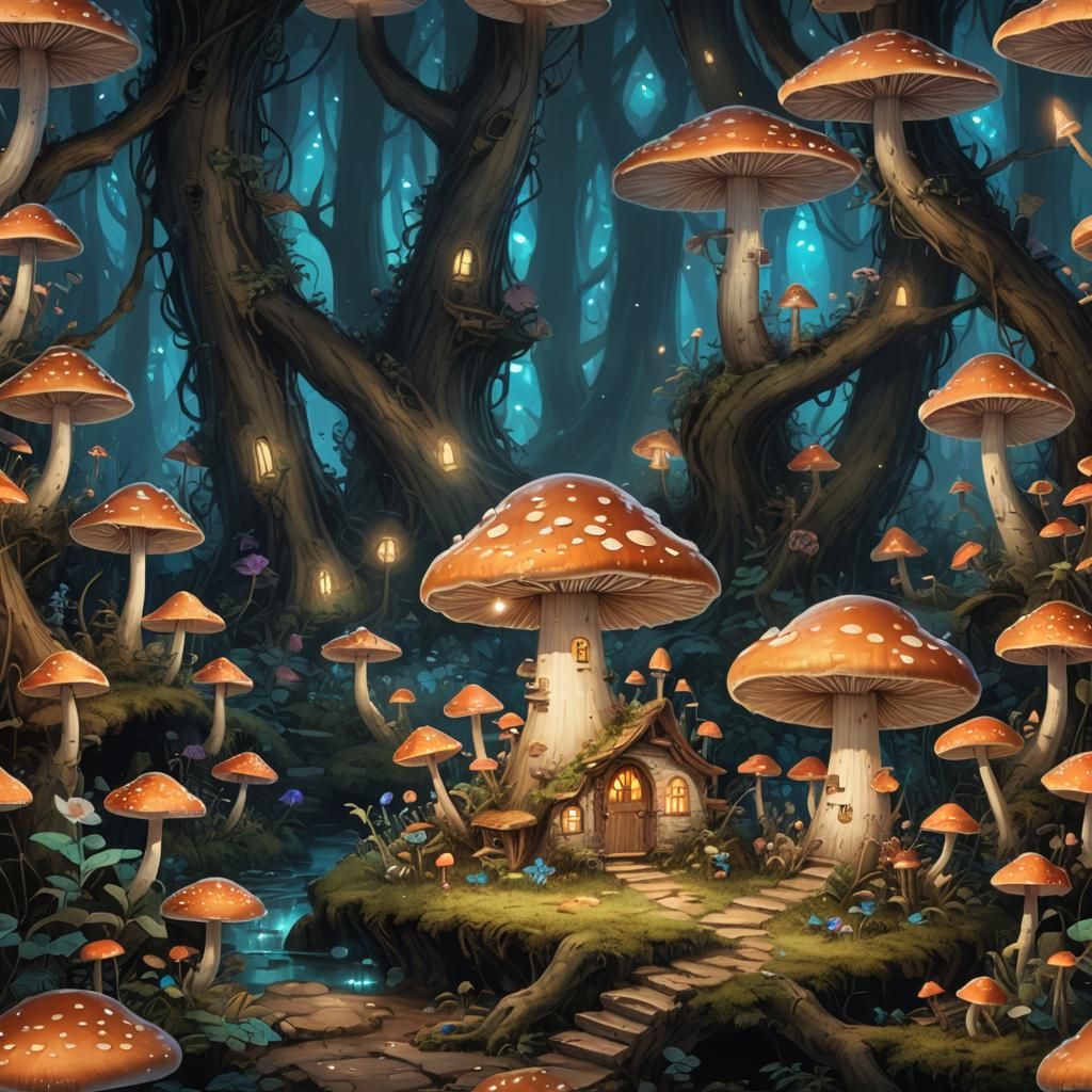 A fairy mushroom house in an enchanted bioluminescent forest...