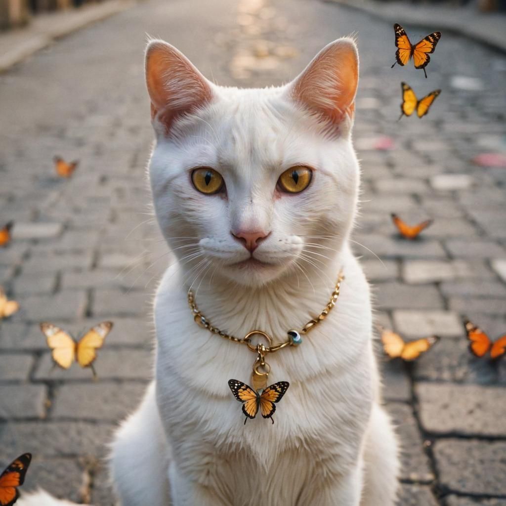 a very beautiful white anchor cat wanders the streets of a city moving colorful butterflies
