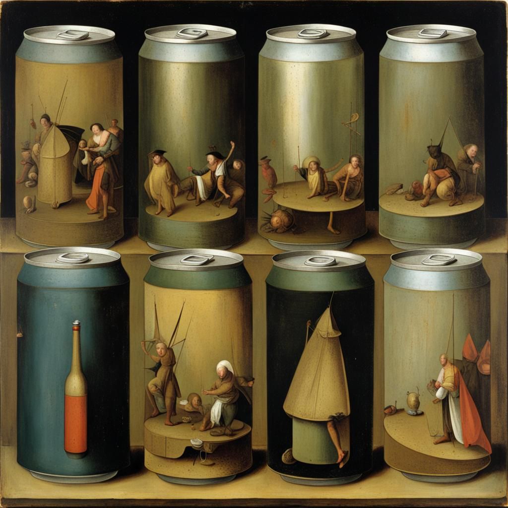 Beer cans by Hieronymus Bosch AI Generated Artwork NightCafe