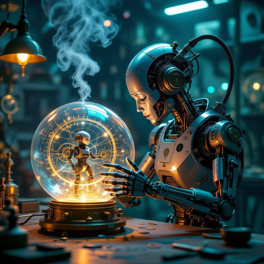 A surreal, clockwork automaton cyborg meticulously crafting a mini cyborg in glass sphere. Gears whir ...  by @Momagirl