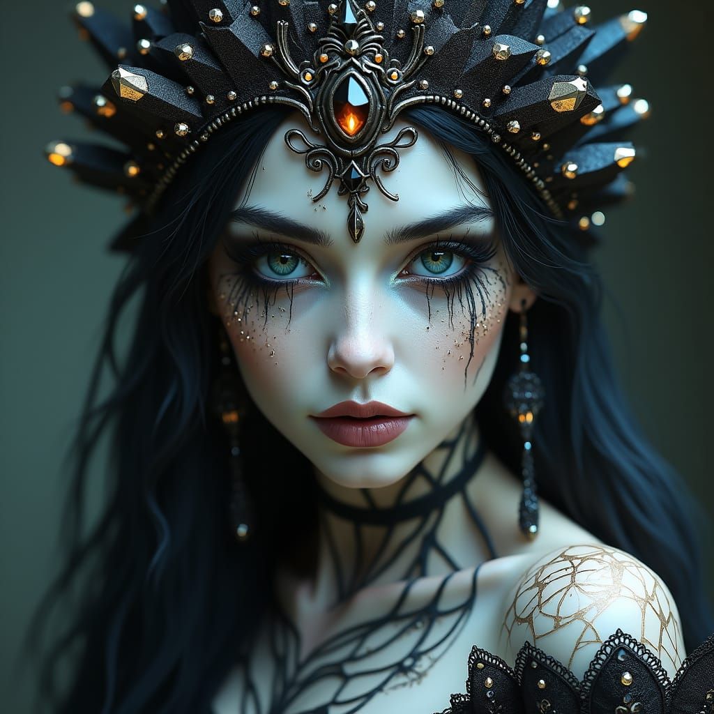 <lora:WEFx:1.0> A striking, ethereal portrait of a gothic queen, her face a delicate mixture of smooth porcelain and cracked stone, highligh...