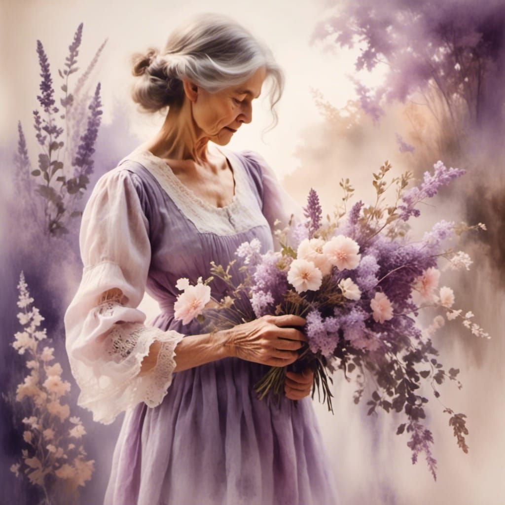 pastel colored scene with old woman picks a bouquet of purple and lilac