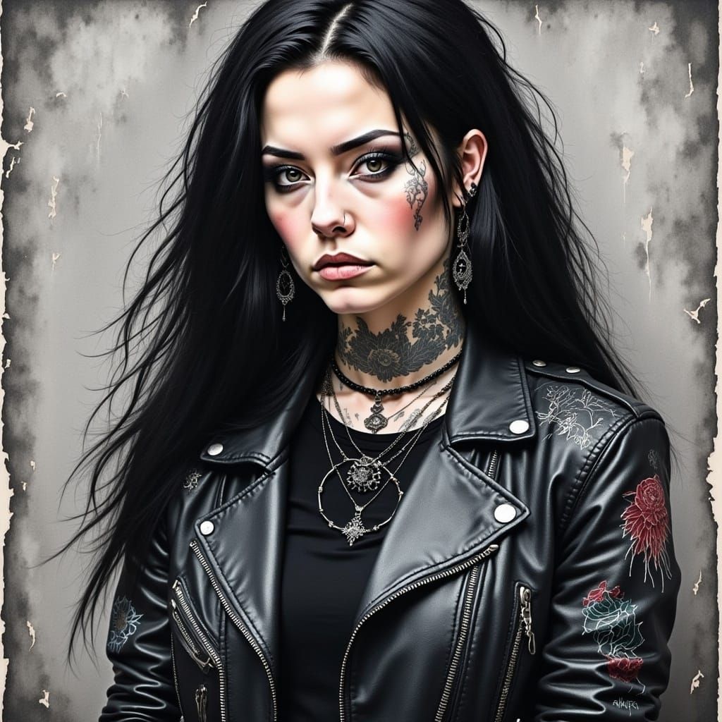 <lora:Scruffy Intensity:1.0> watercolor alcohol ink artistic portrait, young white woman portrait, black leather jacket, grunge, poster styl...