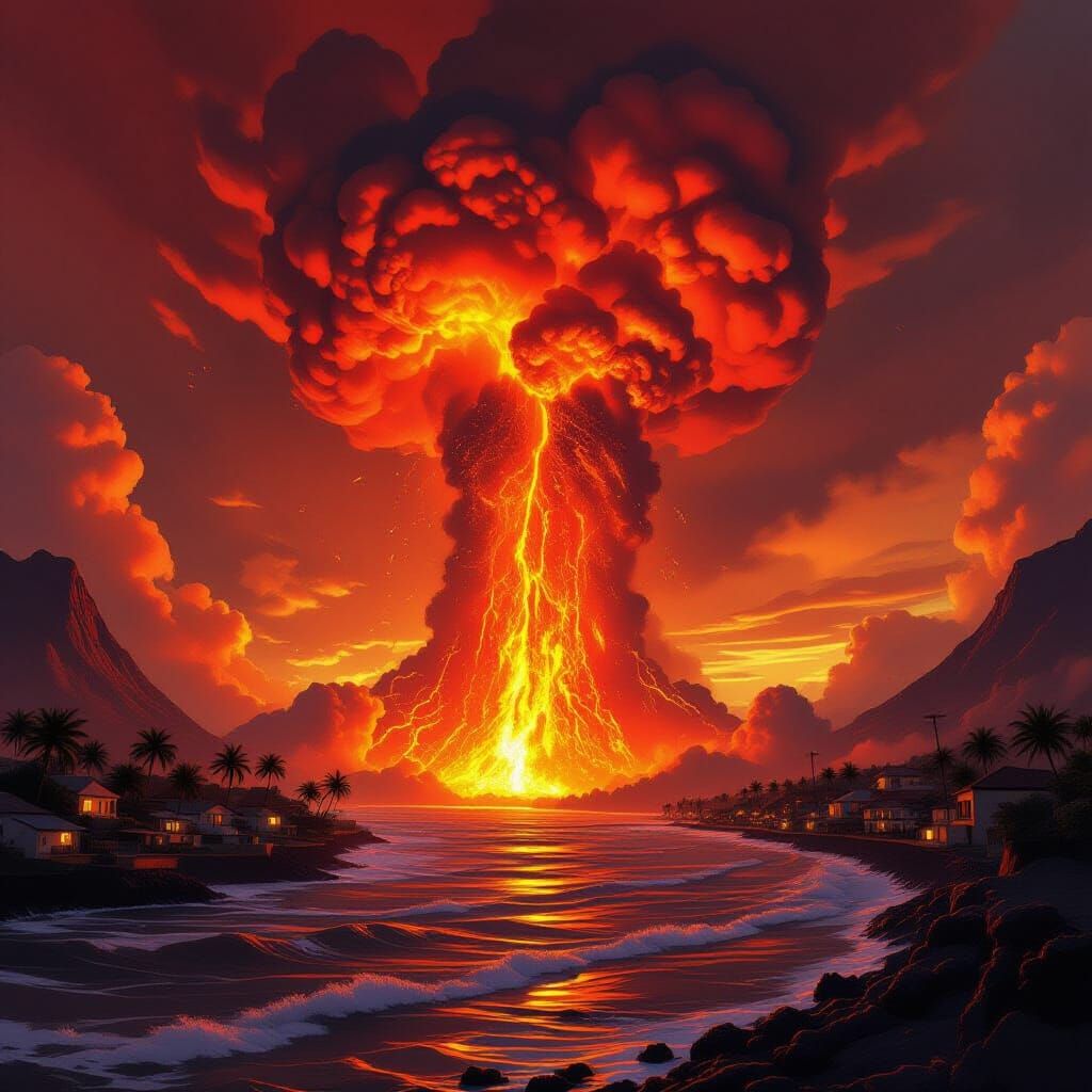 Lava Tsunami Engulfs Coastal Town in Fiery Eruption