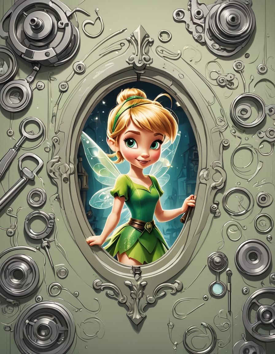 Tinkerbell seen through a keyhole ; sewing equipment ; 2D ca...