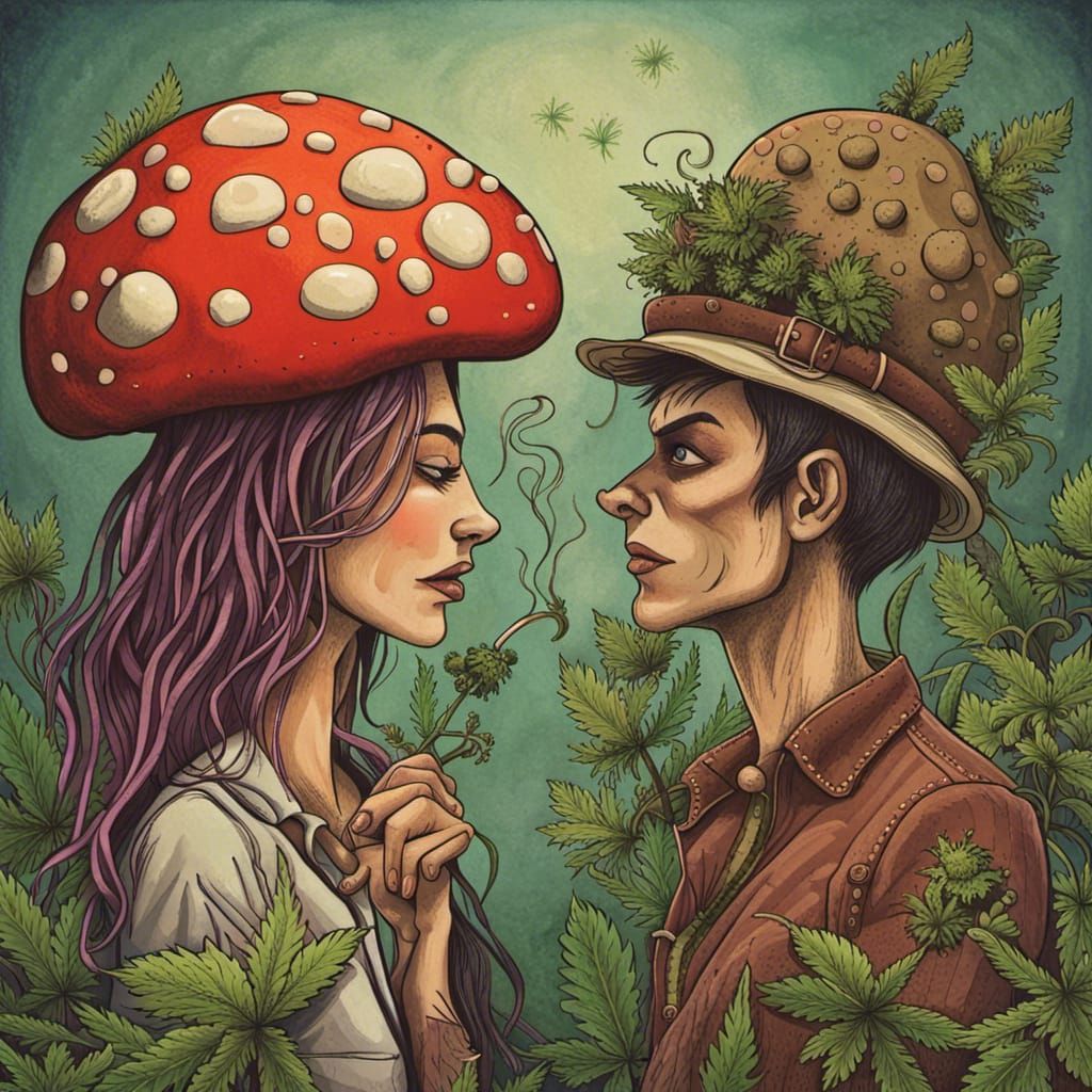 Two lovers holding hands. One is a mushroom man and one is a weed woman. The man is taller and has a mushroom hat. The w...
