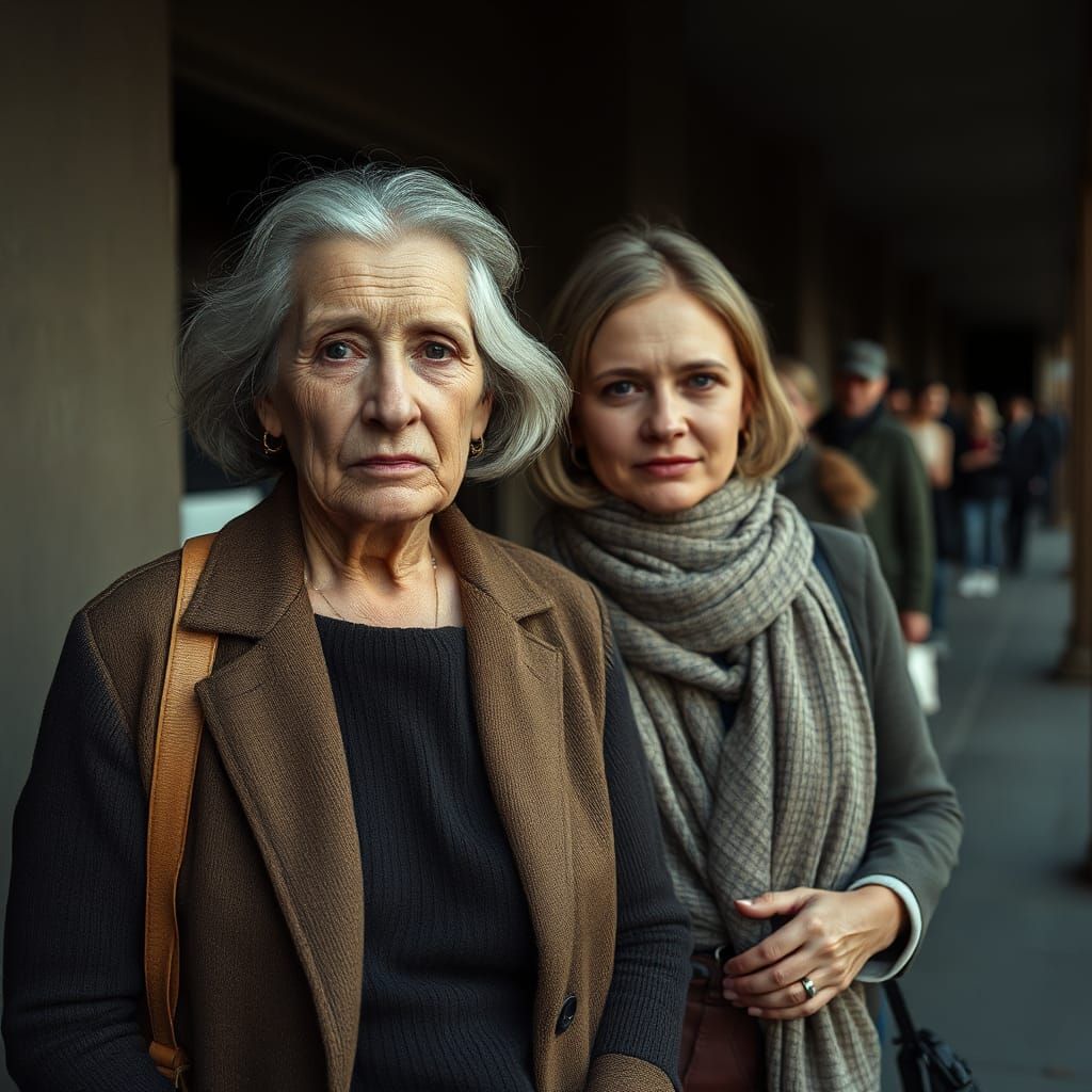 An older woman and her grownup daughter waiting in line to v...
