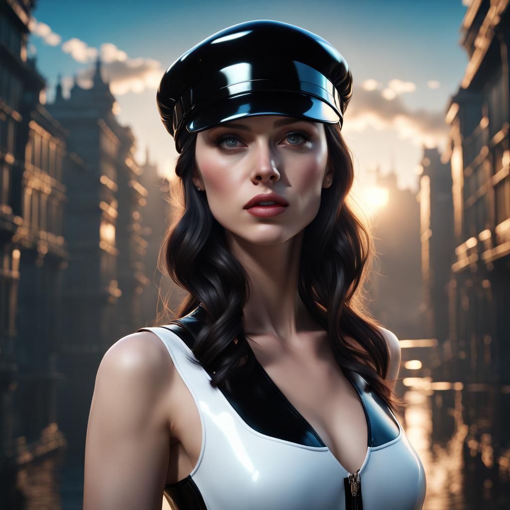 White brunette woman wearing a black shiny latex flat cap wi...