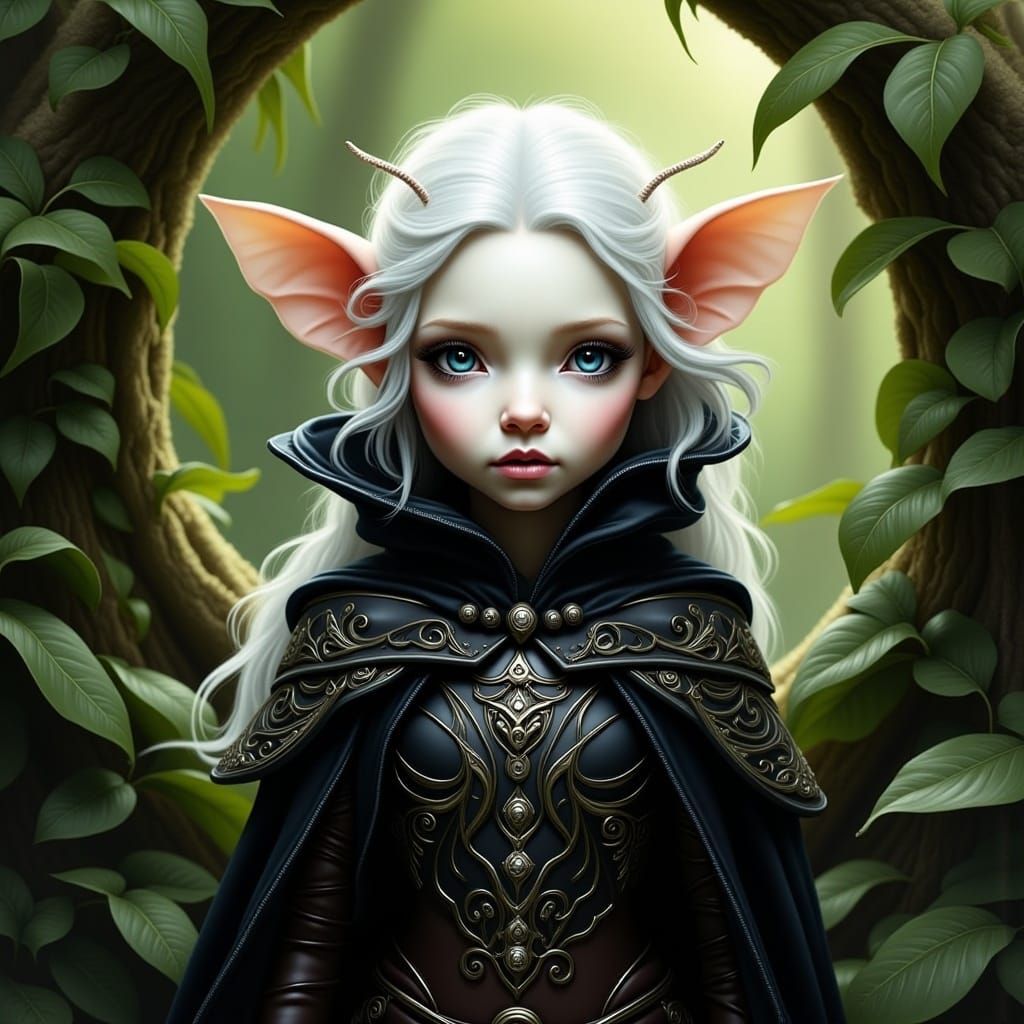<lora:MrsH Enchanted:1.0>  head and shoulder face portrait of a cute snow-white filigree gremlin. wearing ornate black cloak and black-bee e...