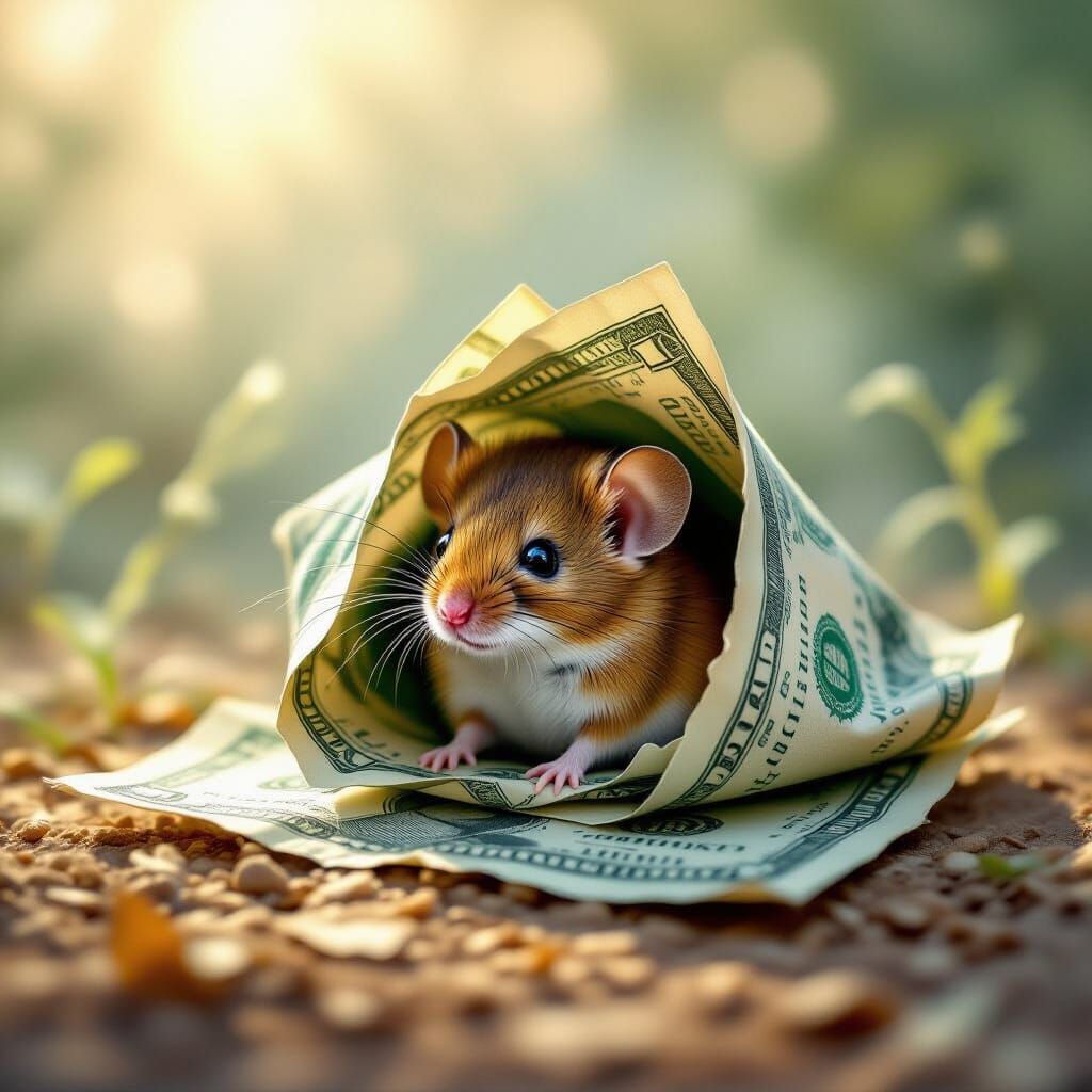 “A tiny mouse has made its home inside a crumpled banknote. The bill lies on the ground, folded and torn, forming little walls and a roof, l...