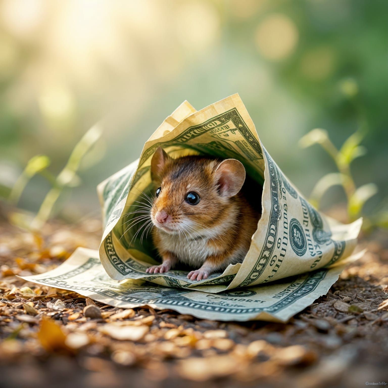 “A tiny mouse has made its home inside a crumpled banknote. The bill lies on the ground, folded and torn, ...  by @Zhopen