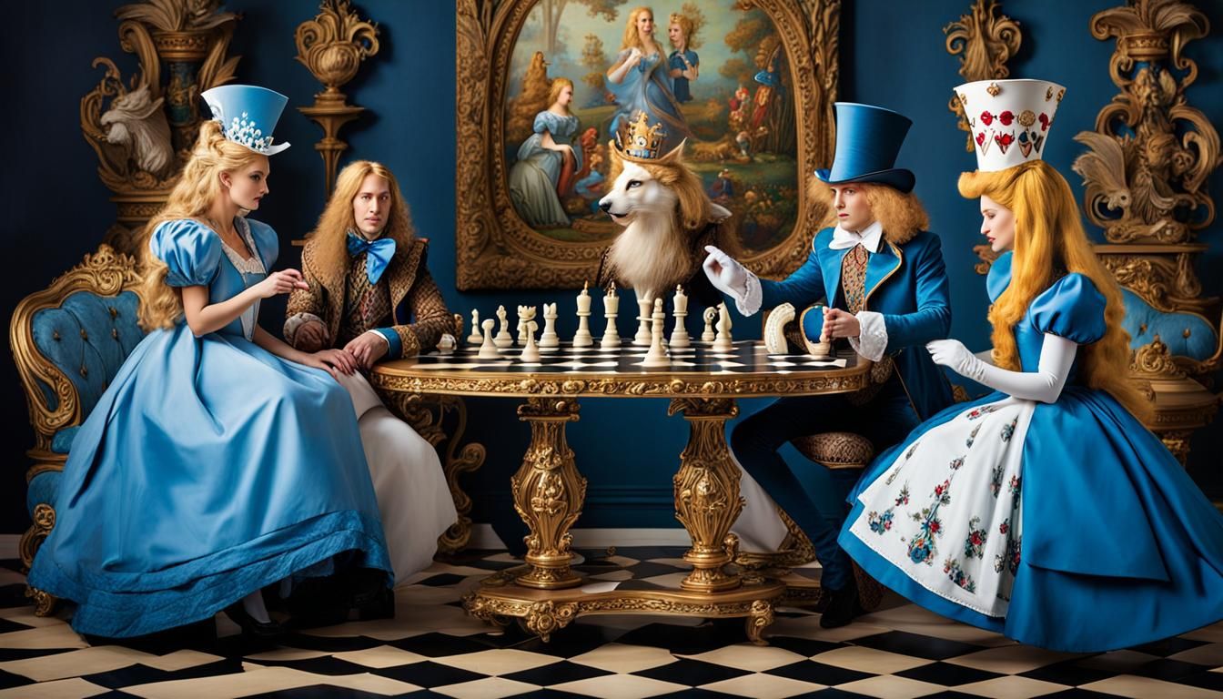 Imagine a captivating tableau where the whimsical characters of "Alice in Wonderland" come to life as chess pieces on an...