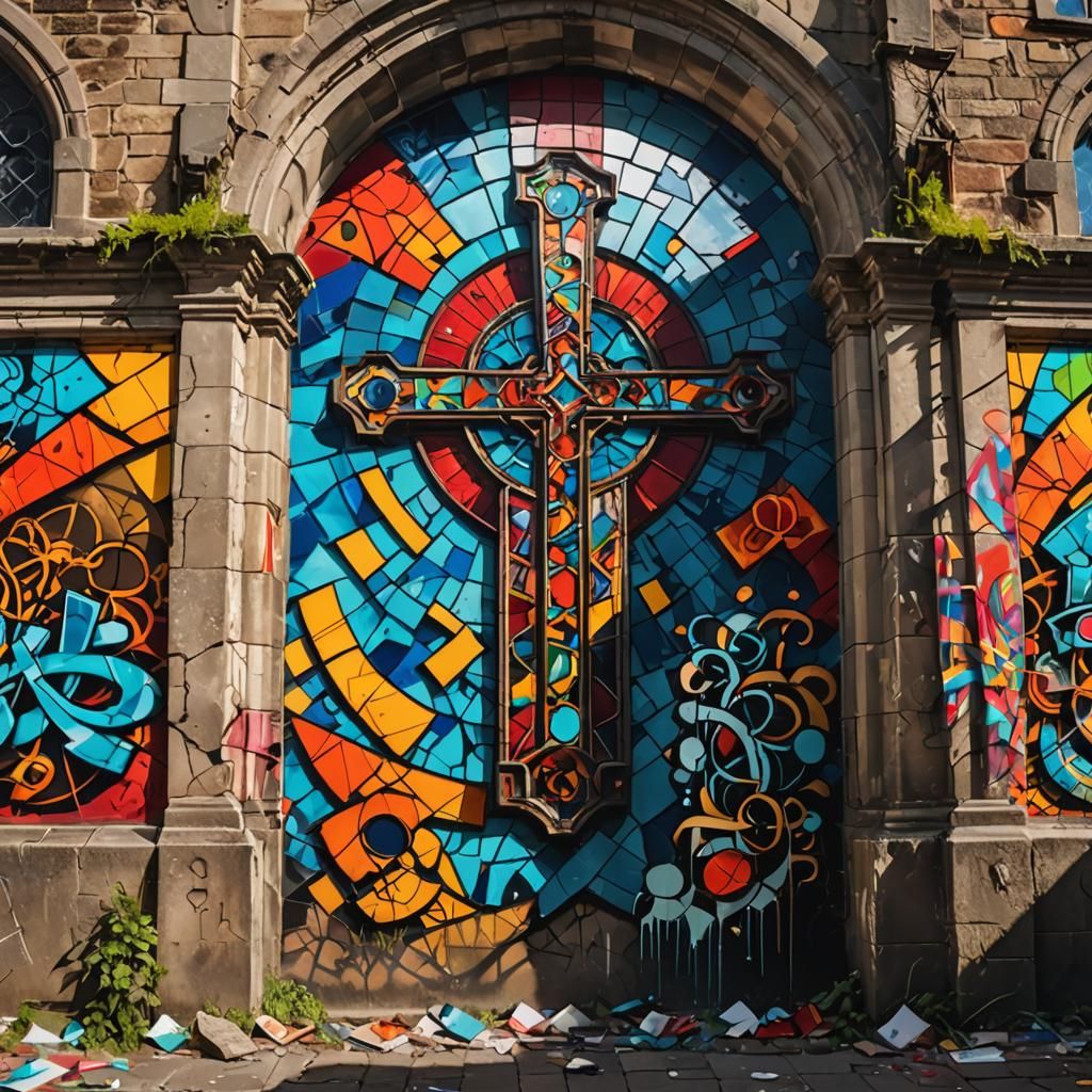 A dilapidated church wall adorned with vibrant graffiti. The graffiti depicts abstract religious symbols, blending sacre...