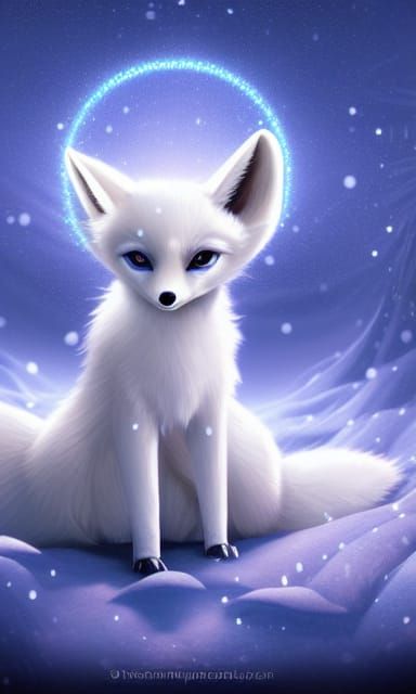 An anime surreal illustration of a white fennec fox cub in the snow  fireflies particle halo halo super detailed volumetric lighting p   AI Generated Artwork  NightCafe Creator