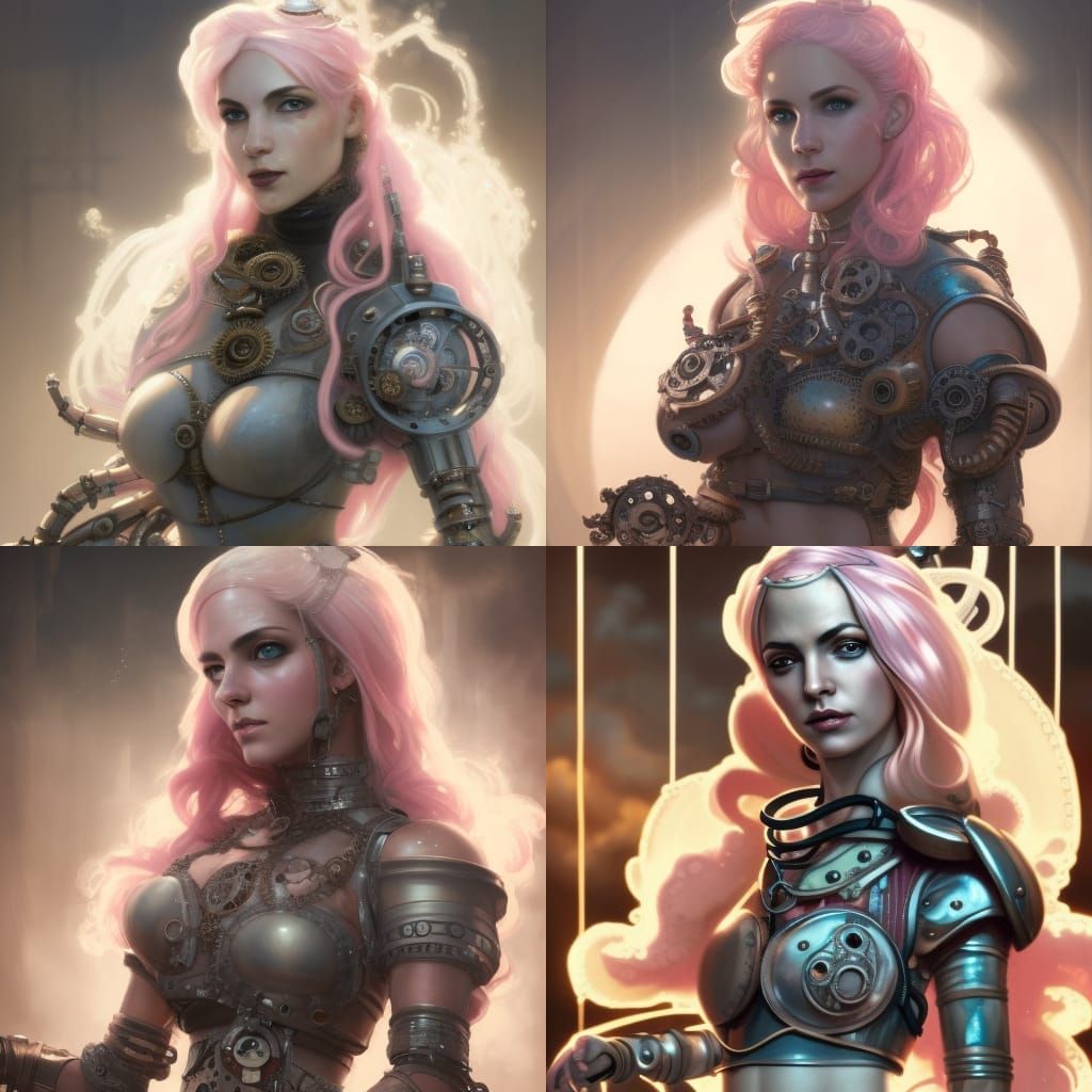 portrait of a middle-eastern steampunk woman, pale-pink hair, wearing steampunk armour made of a mechanical octopus