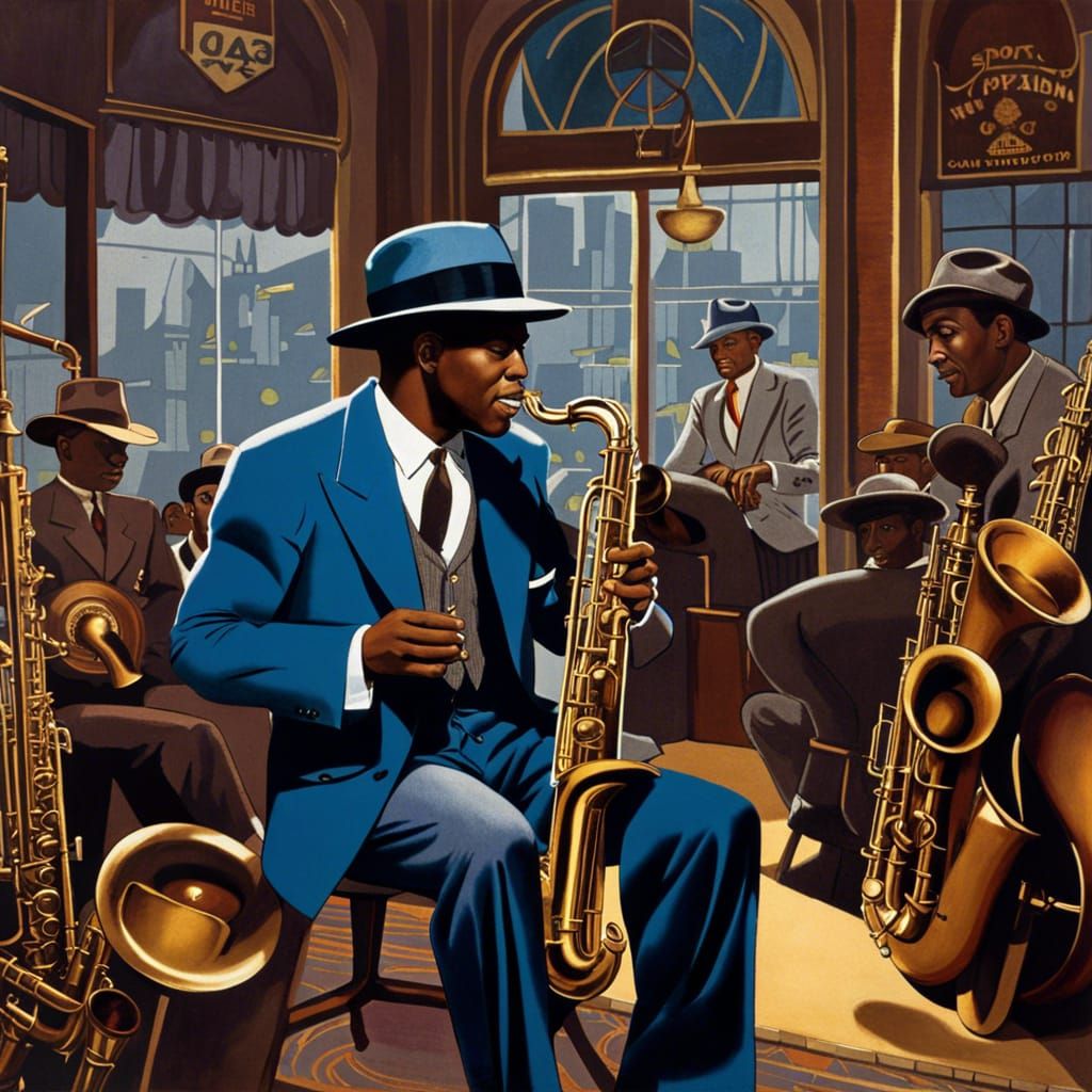 John Coltrane, Windowpane Sport Coat, Blue Sweater Vest, Grey Pants, Fedora Hat. false