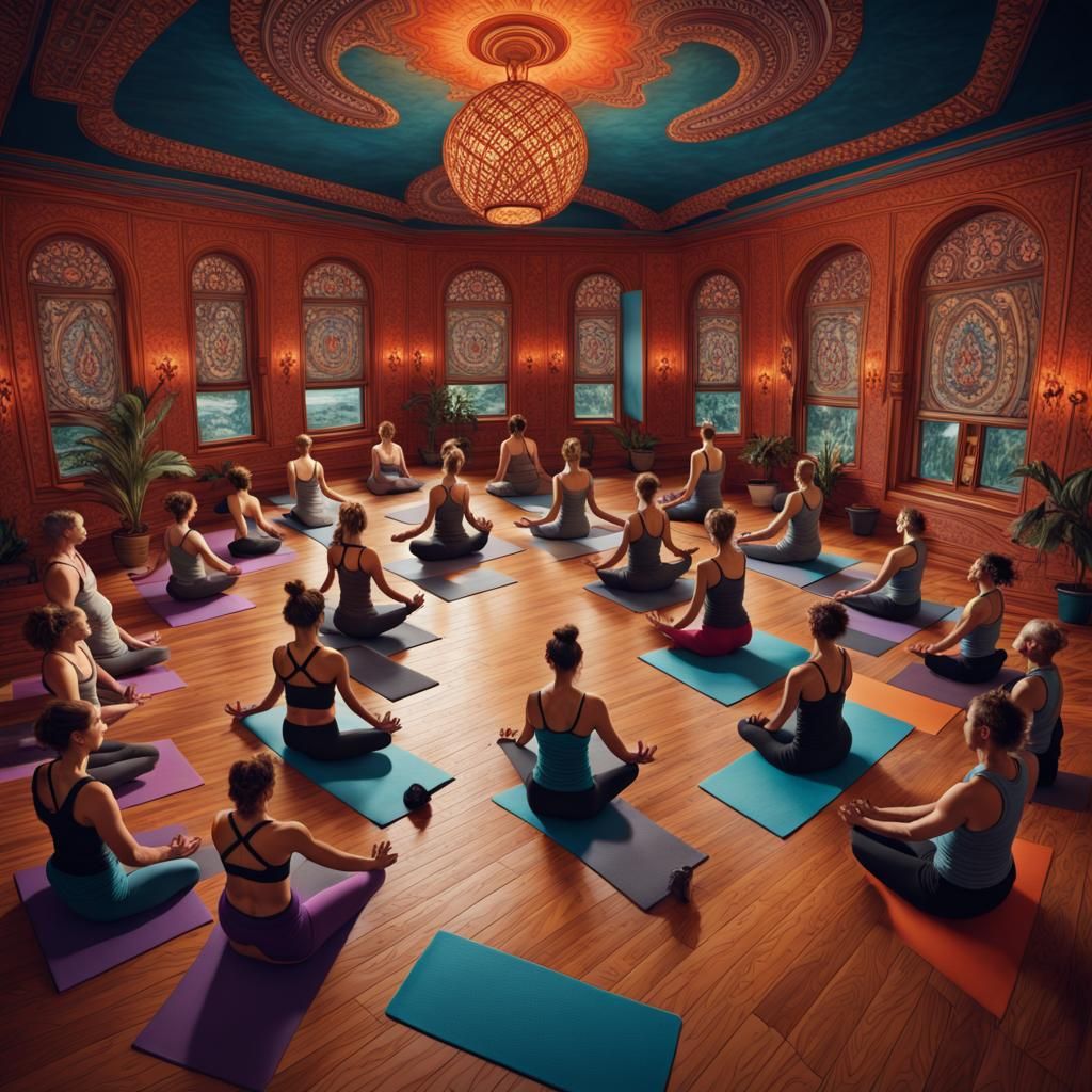 Room full of people in a pretzel yoga pose. deep color, fantastical