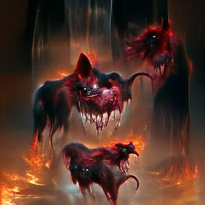 Fiery Cerberus dripping blood from its maw