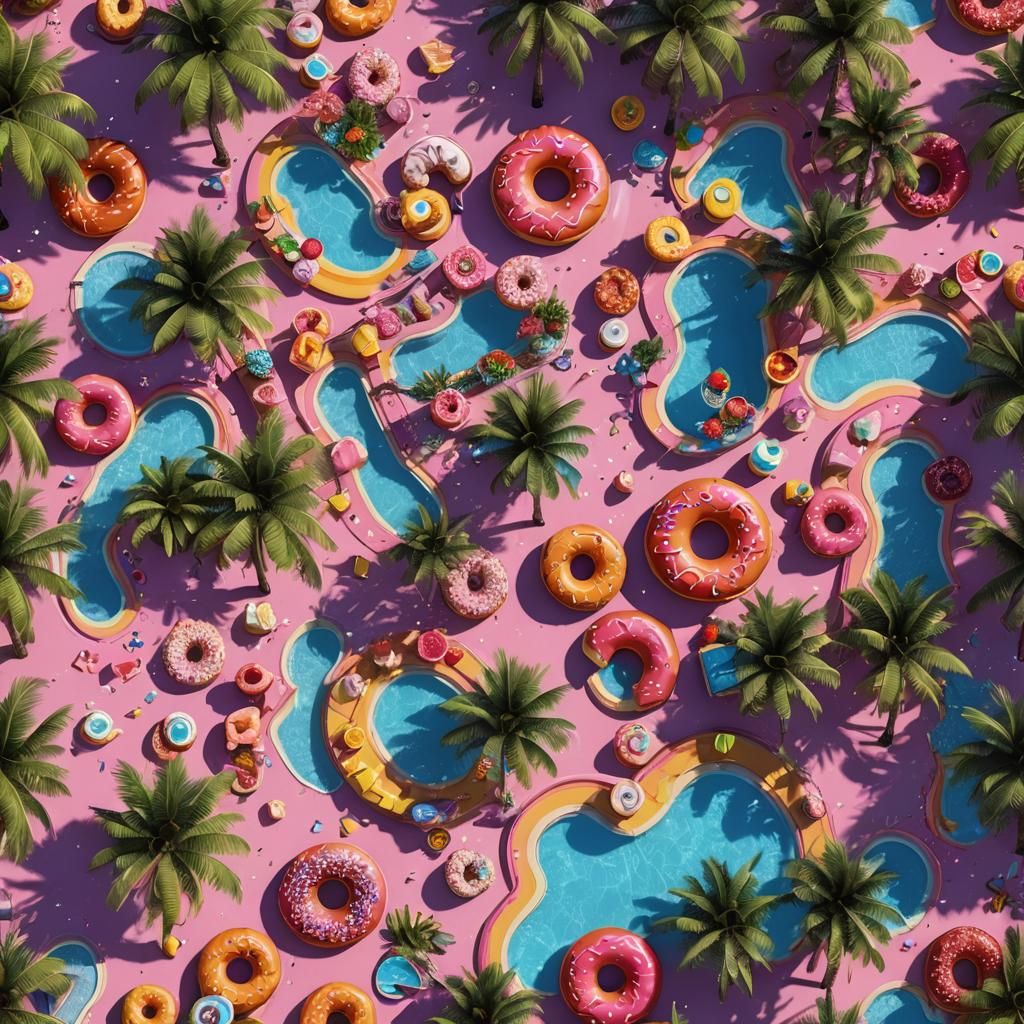 Rainbow sunbed at luxury hotel pool, pink donuts, pick cockt...