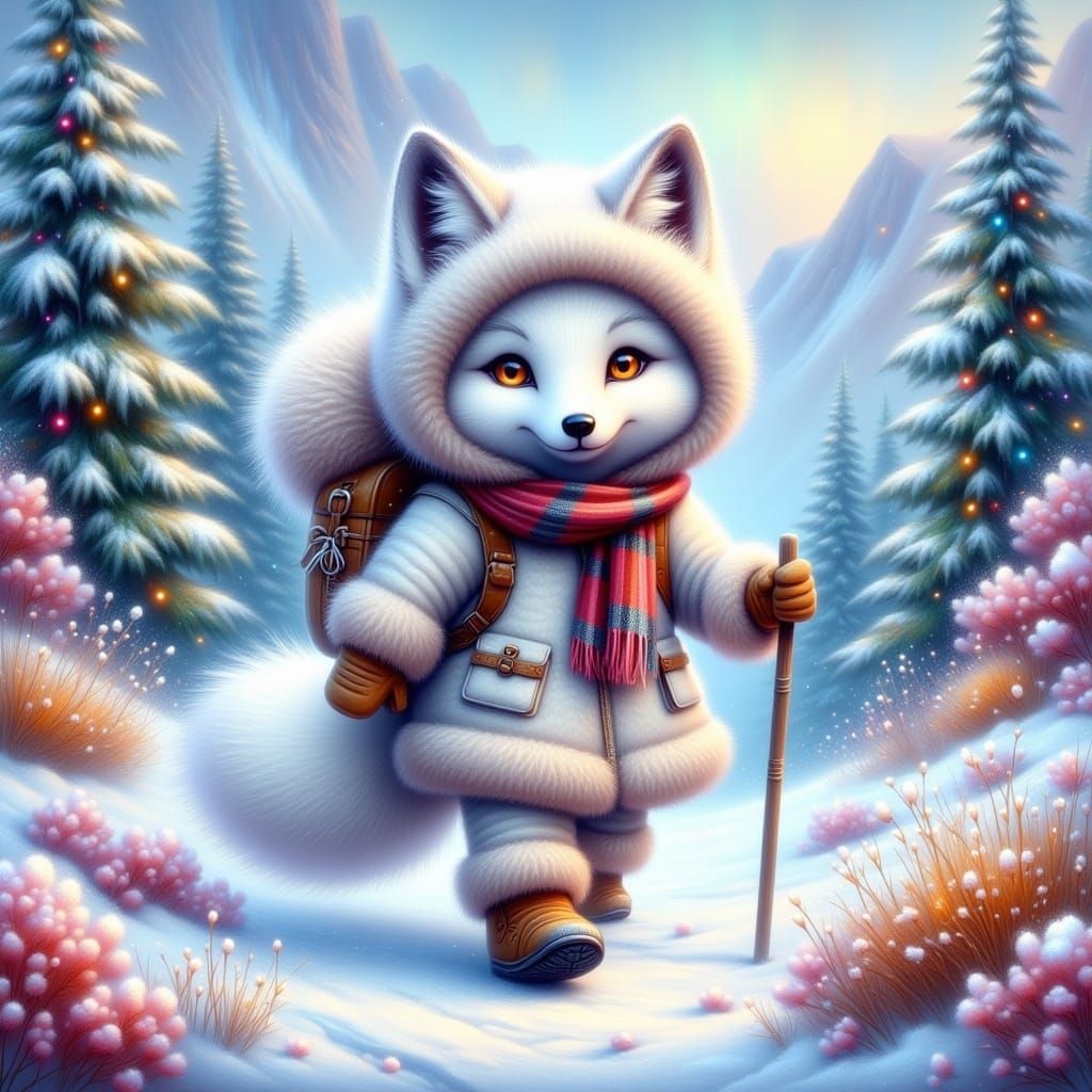whimsical painterly fantasy artistic painting <lora:FiosFantasyGlow:1.0> :  Hyperrealistic white Arctic Fox wears a winter coat with fur lin...