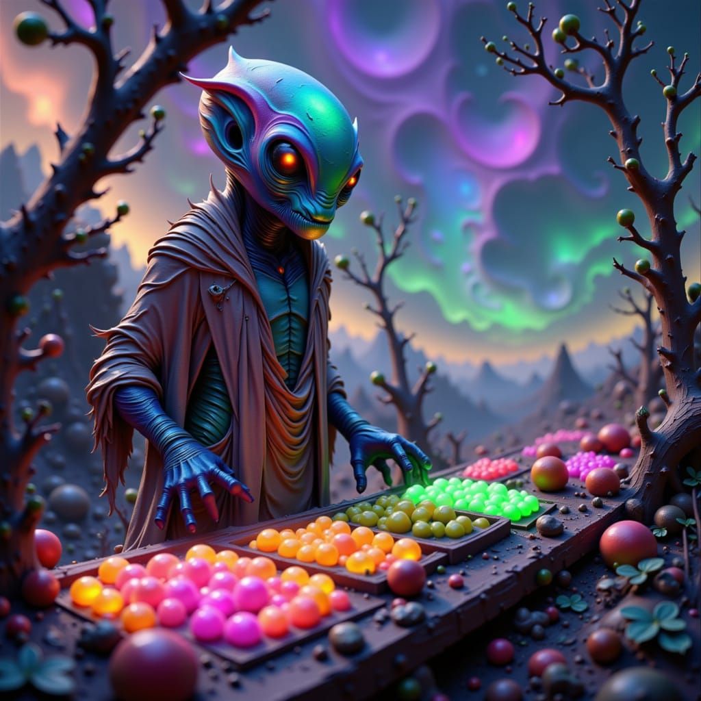 Digital art. Medium shot. An alien creature with bioluminescent skin tending to glowing, otherworldly fruits at a roadside stand on a distan...