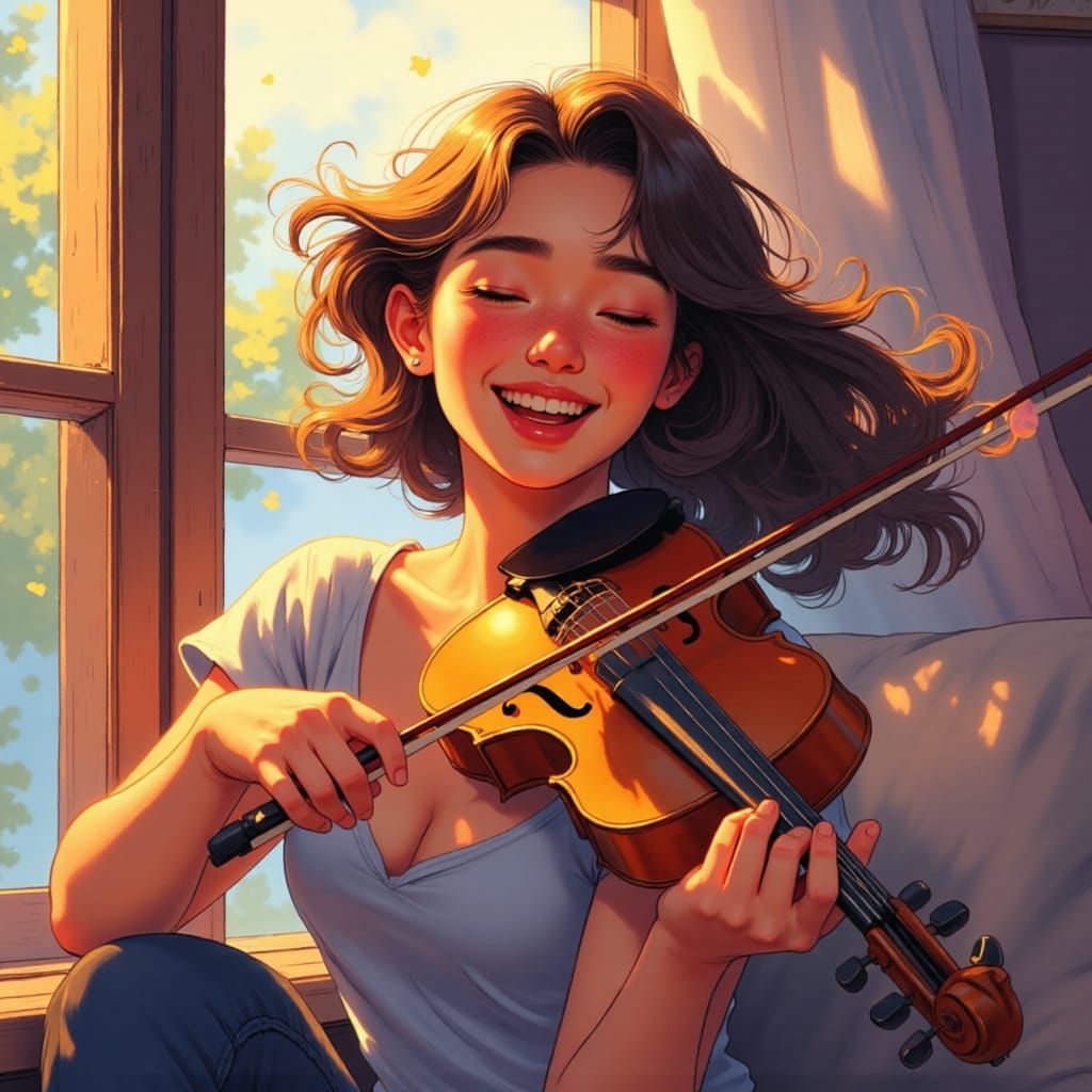 Joyful Queer Woman Learns Violin with Vibrant Energy