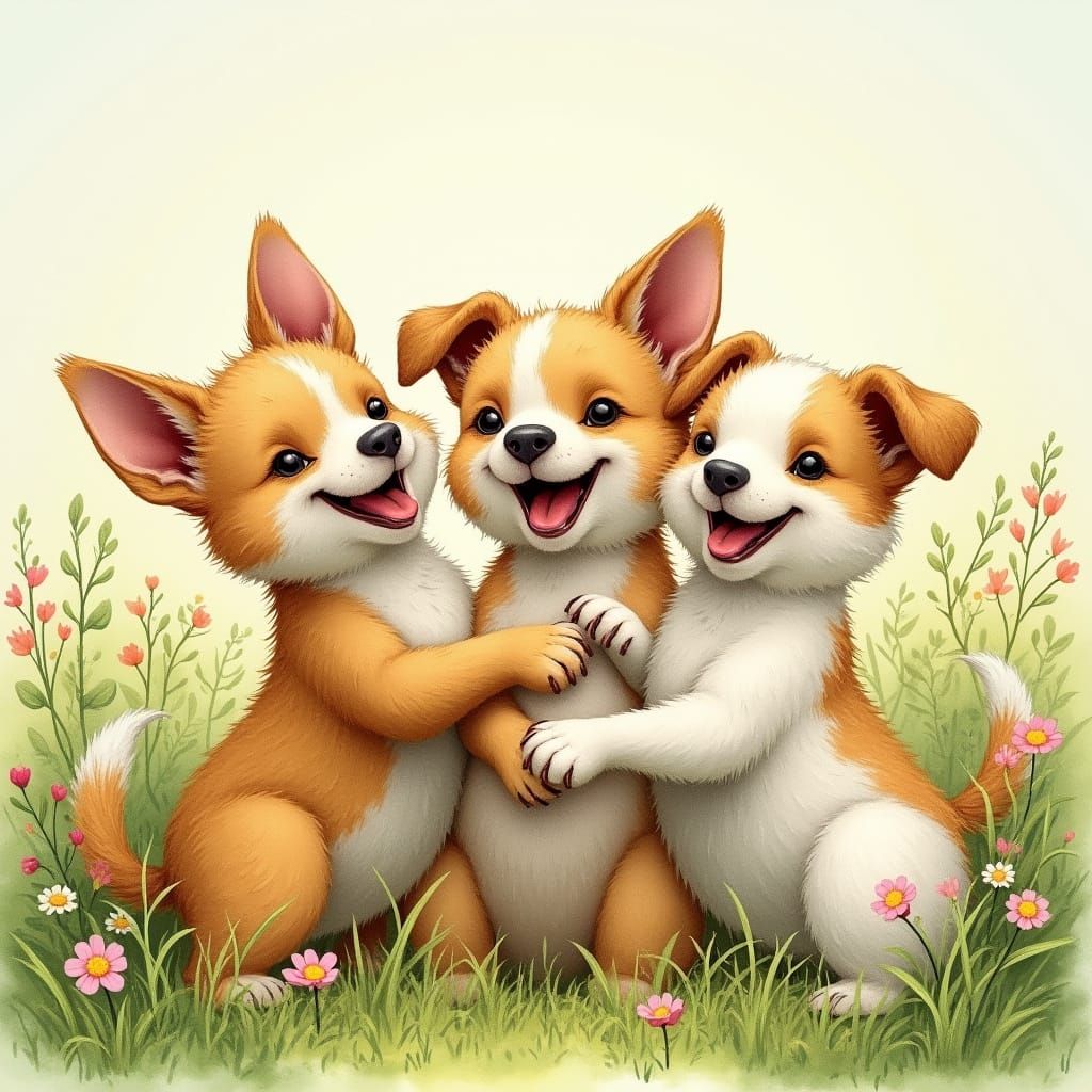 Three Happy Dogs Play in Lush Meadow