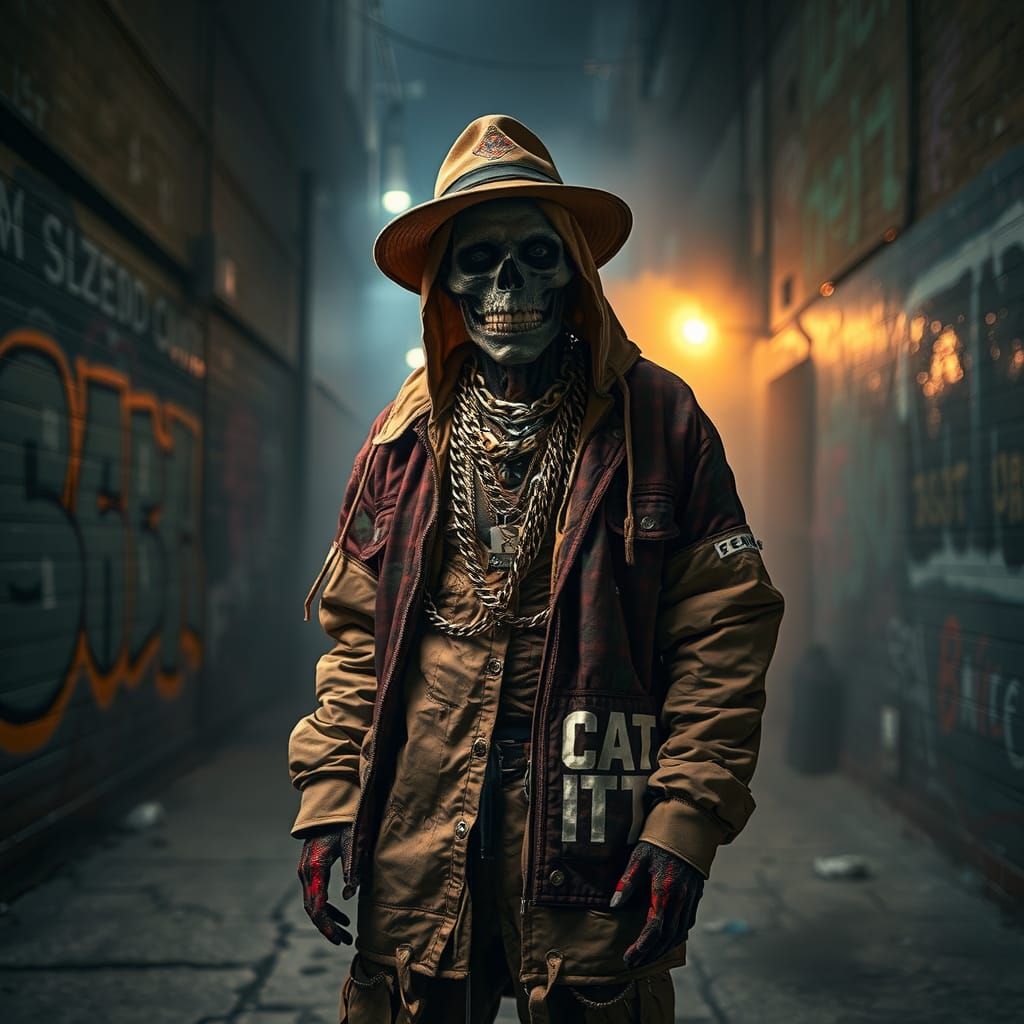 Undead Rapper in Dim Alleyway, Hyperrealistic Image
