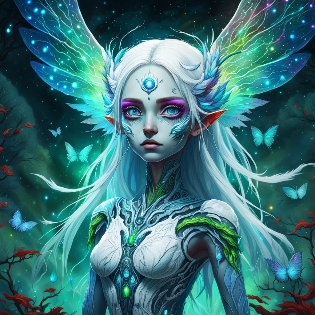 A Creepy  Sparks white hair, blue lighting big cute eyes,cosmic transprent branches form body, fantasy divine tail with ...