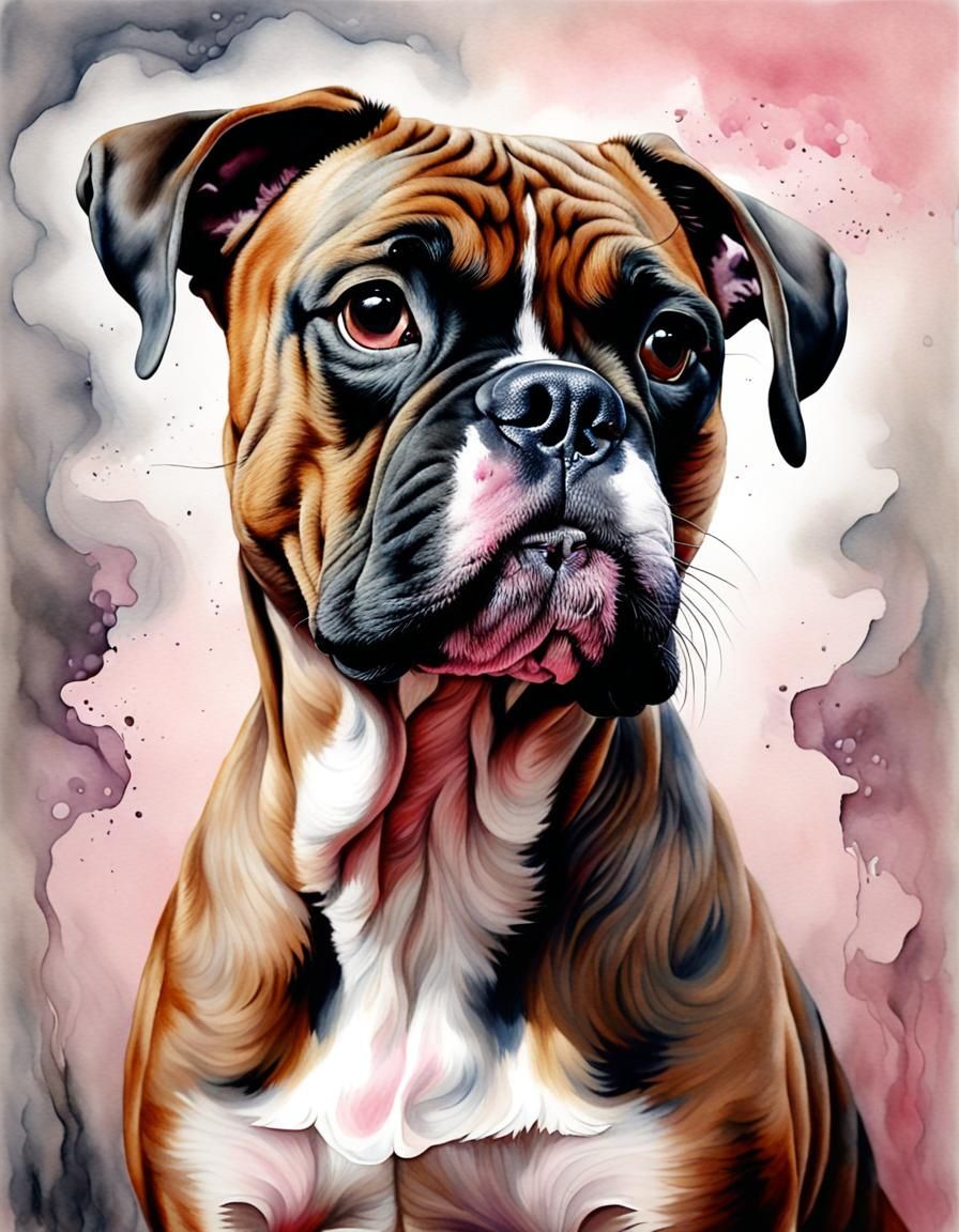 Portrait of a boxer dog painted with watercolours