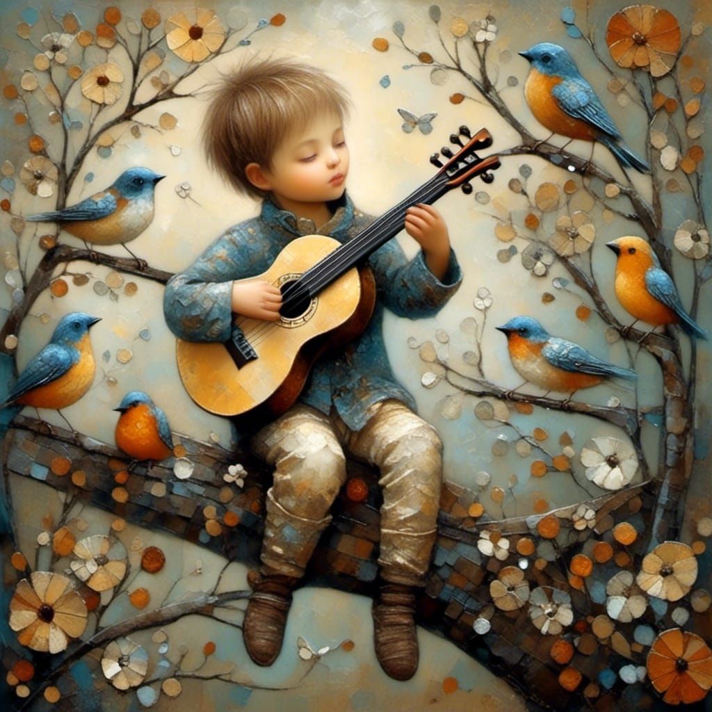 The cute little boy plays Chello in the garden, a bird sits ...