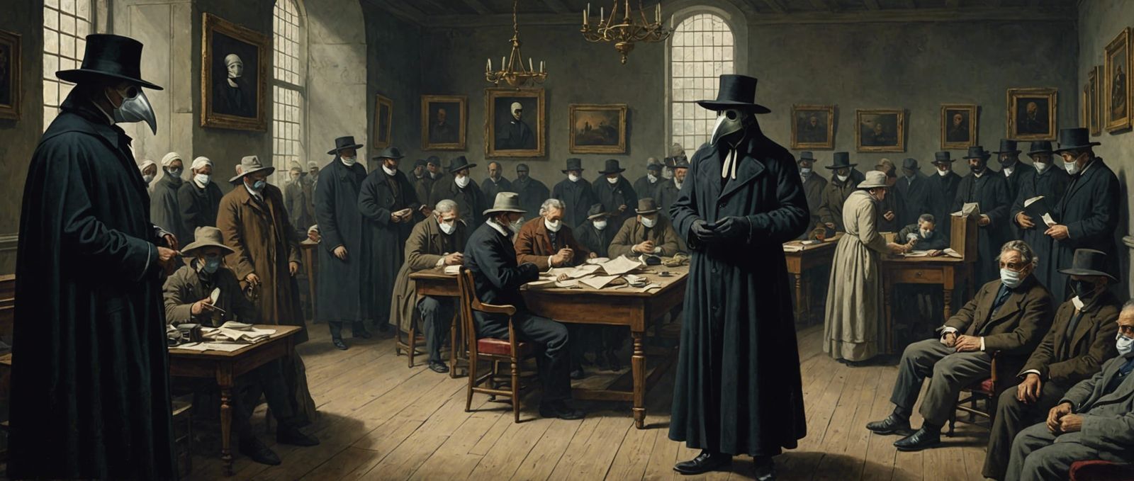 A sad overworked doctor wearing a mask in a room full of sick people, Plague Doctor