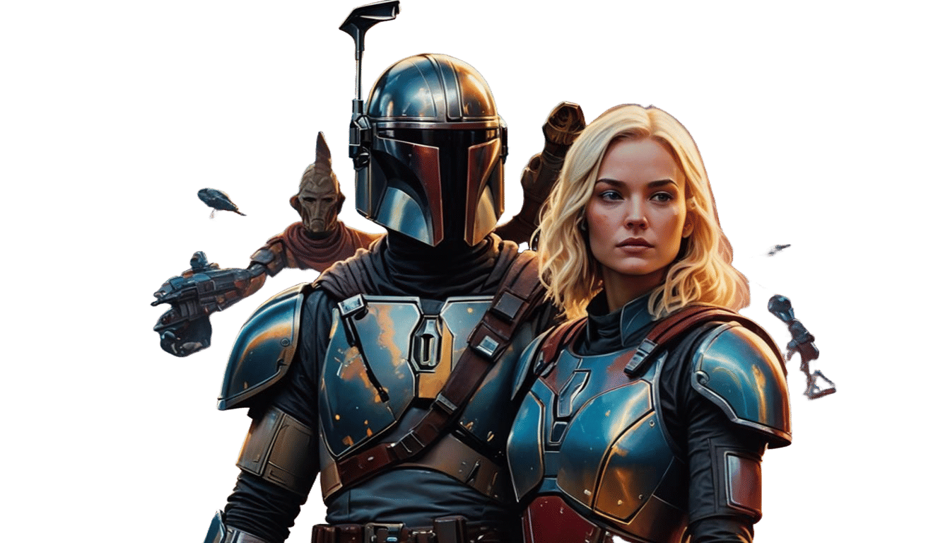 The mandalorian and a young blond woman standing in front of...