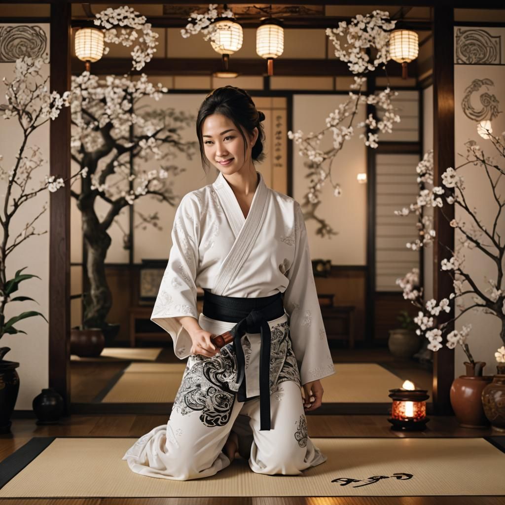 Japanese woman wearing a white pattern judogi with a black b...