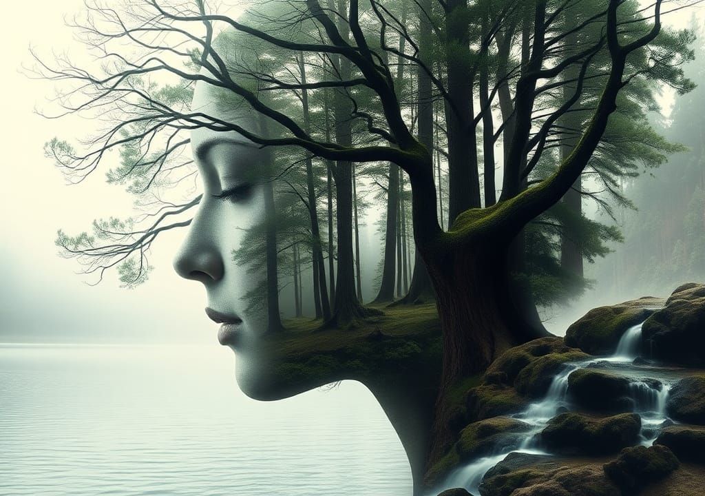 Extremely beautiful double exposure illusory art of side profiled face of Gaia made of literal forest trees profiled in ...