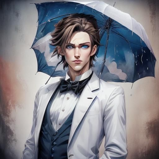 good looking anime man::brown hair::blue eyes: white tuxedo::silver mask::insanely realistic::insanely detailed:: very g...