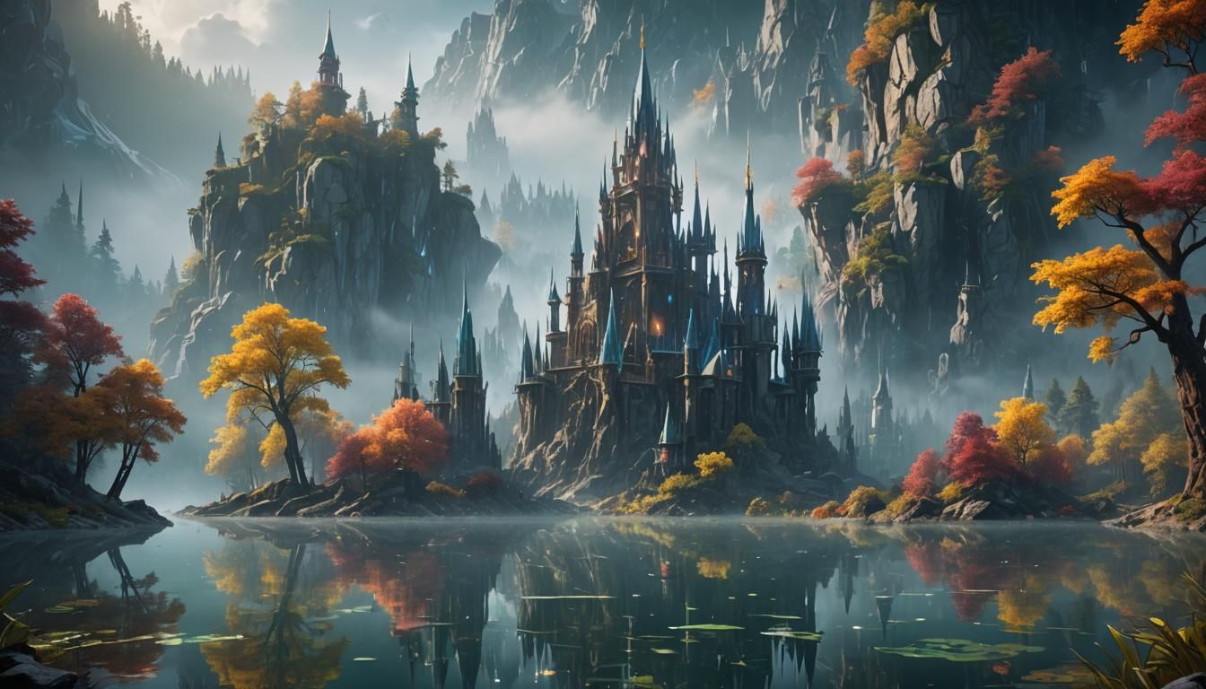 A forest of crystal spires rises from a misty lake, reflecting ...