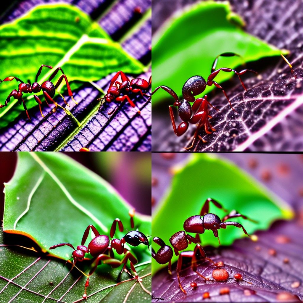 Colorful Ants on tree leaf, micro photography, 35mm lense camera, realistic photo.