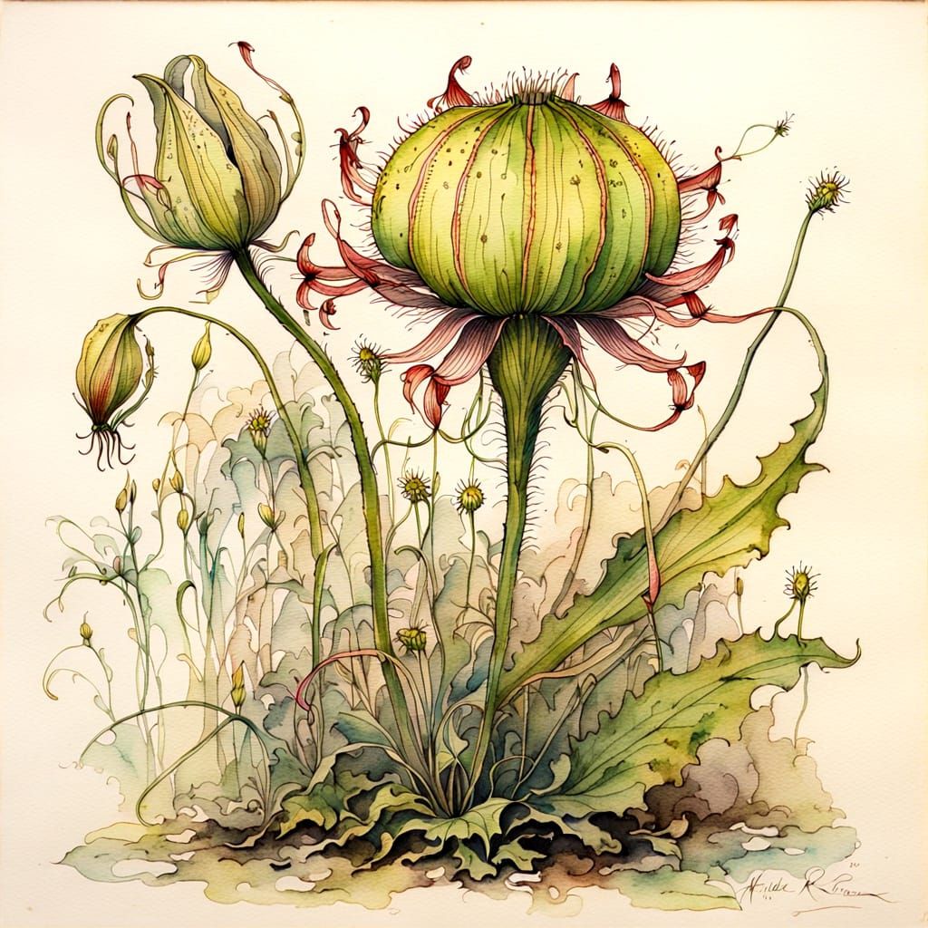 Whimsical Botanical Illustration of Exotic Lily-Venus Flytra...