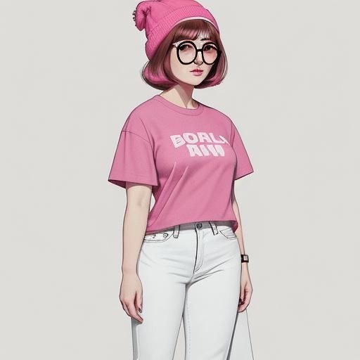 2d flat colour drawing , chubby girl, bob brown haircut, sma...