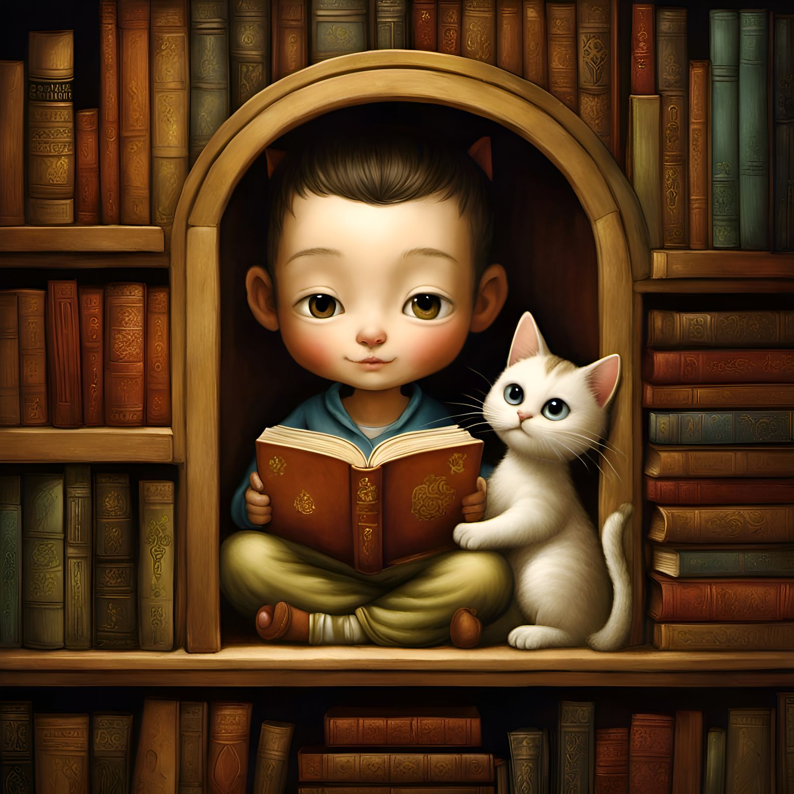 A boy with a cat Inside a cosy reading nook by Naoto Hattori...