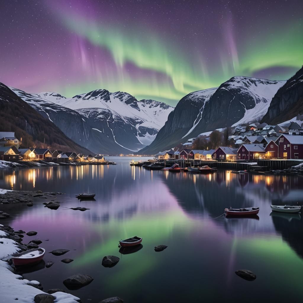 view from a fjord down to the harbour, night, purple aurora in the sky