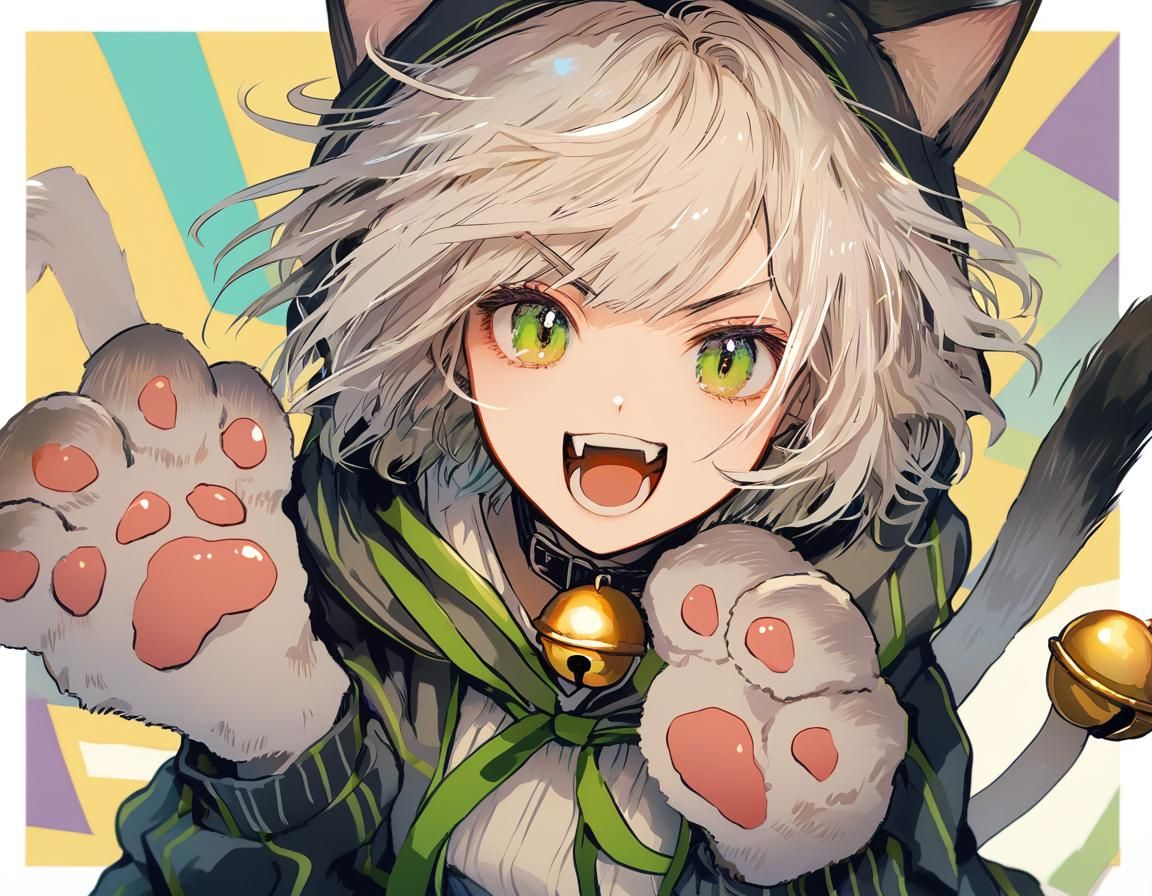 Happy Cat Girl with Bells in Anime Style