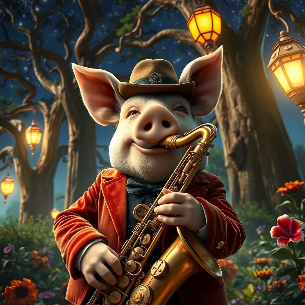 Pig playing the saxophone  by @Terraps