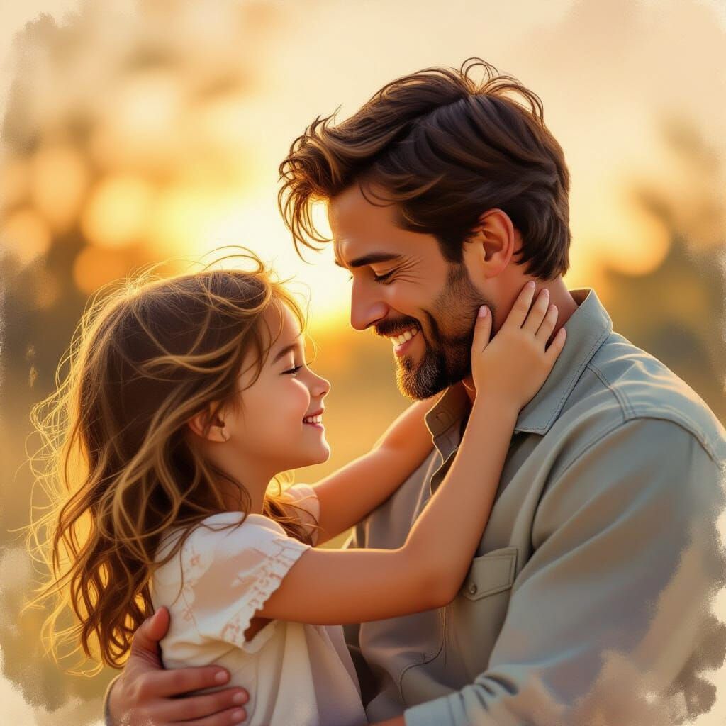 Father and Daughter Embrace in Golden Hour Light